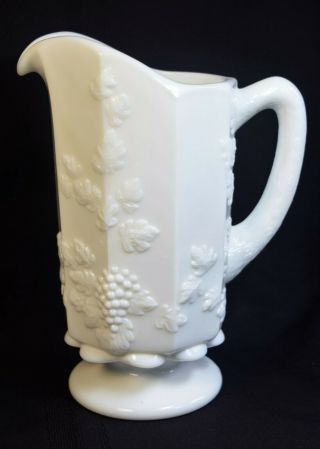 Vtg Large White Westmoreland Milk Glass Paneled Grape Footed Pitcher 9 1/8 Inch