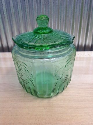 Vintage Green Glass Biscuit Cookie Jar Depression???