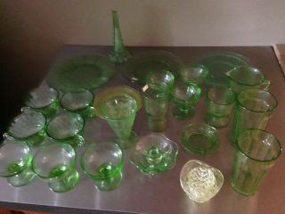 Uranium Glass Depression Green/yellow Dishes Cups Saucers Plates Hat Vintage