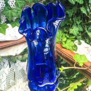 Vintage Cobalt Blue Art Glass Swung Vase Stretched Asymmetrical Wavy Rim 8” Tall