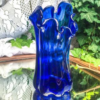 Vintage Cobalt Blue Art Glass Swung Vase Stretched Asymmetrical Wavy Rim 8” Tall 3