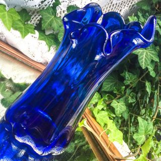 Vintage Cobalt Blue Art Glass Swung Vase Stretched Asymmetrical Wavy Rim 8” Tall 4