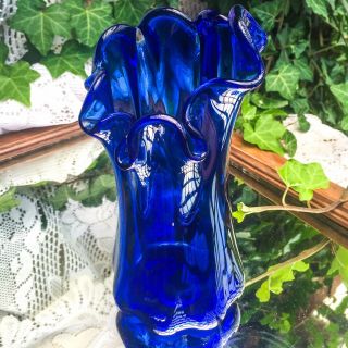 Vintage Cobalt Blue Art Glass Swung Vase Stretched Asymmetrical Wavy Rim 8” Tall 5