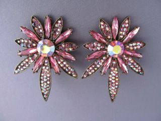 Vintage Thelma Deutsch Pink Aurora Borealis Navette Shooting Star Clip Earrings