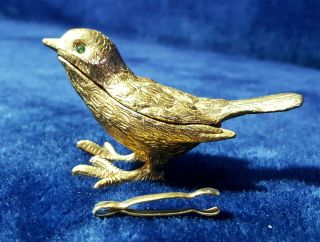 Vintage Florenza Gold Bird Pill Box Figurine W/ Green Gem Stone Eyes,  Tiny Tongs