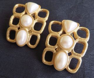 Large Vintage Gold Tone Faux Pearl Clip Earrings Signed Avon 1 - 1/2 "