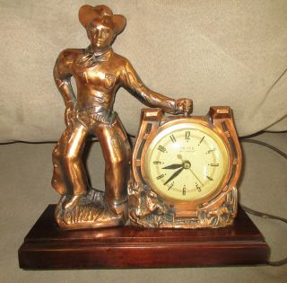 Vintage United Self Starting Bronze Cowboy Mantle Clock