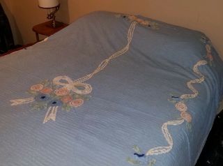 Pretty Vintage Blue Floral Tufted Chenille Bedspread Full/queen 90 " X100 "