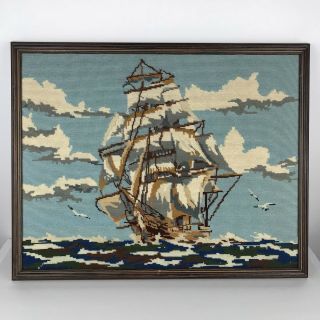 Vintage Framed Needlepoint Cross Stitch Sail Boat Ship Ocean 25 X 20 Wall Art