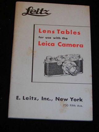Vintage Camera Booklet " Leitz Lens Tables For Use With Leica Cameras,  C1939