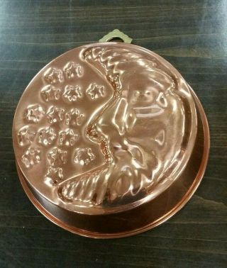 Vintage Tin Lined Copper Jello Mold Crescent Moon Man & Stars 7 " Brass Wall Hook