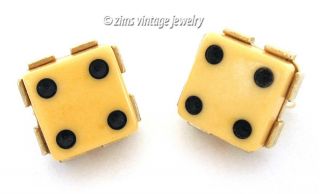 Vintage 1950’s Carved Yellow Bakelite Black Enamel Dice Gambling Casino Earrings