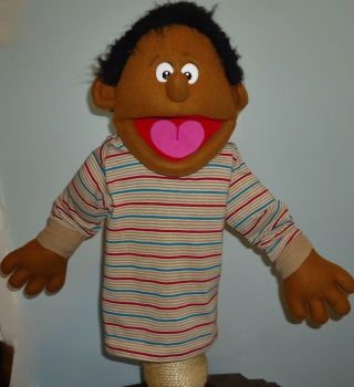 Vintage 1970s Professional Big Mouth African American Boy Puppet W Striped Shirt