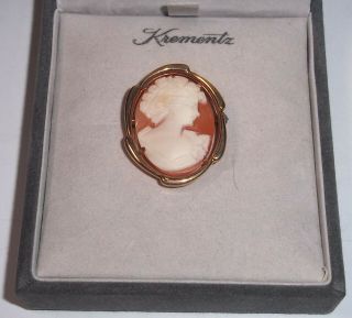 Vintage Krementz Hand Carved Shell Cameo Pin Brooch 14K Gold Overlay Box papers 2