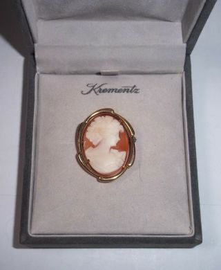 Vintage Krementz Hand Carved Shell Cameo Pin Brooch 14K Gold Overlay Box papers 3