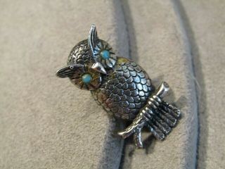 Vintage Sterling Silver Turquoise Eyes Owl Brooch