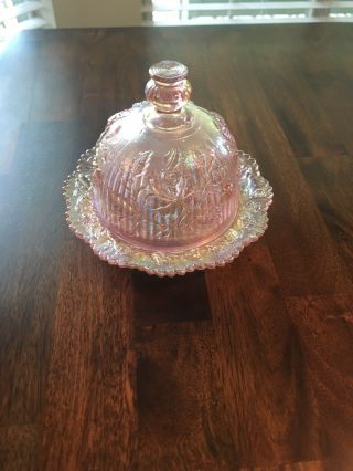 Imperial Carnival Glass Covered Butter Dish Vintage Pink Rose Lustre