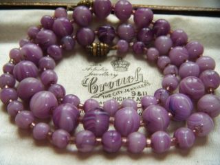 Vintage Art Deco Jewellery Czech Marbled Amethyst Agate Glass Beads Necklace