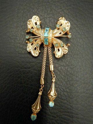 Vintage Brooch Pin Signed Coro Bow W/ Blue Rhinestones & Dangling Strands