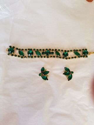Vintage Unsigned Weiss? Green Rhinestone Bracelet And Earrings