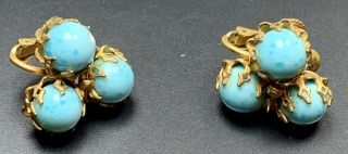 Signed Miriam Haskel Vintage Screw Back Earrings Turquoise Beads Gold Tone