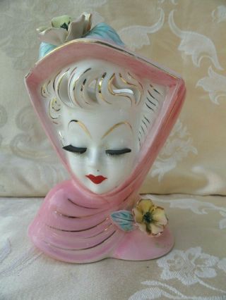 Vintage Head Vase Headvase 6 " High Lady In Pink Yellow Flowers Wall Pocket June