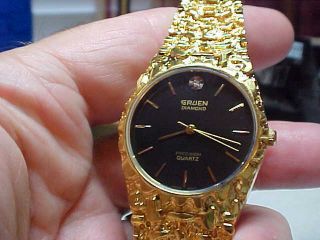 Mens Vintage Gruen Gold Nugget Style Watch Black Dial
