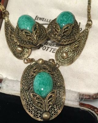Vintage Art Deco Czech Jewellery Lovely Peking Glass Necklace & Earrings Set