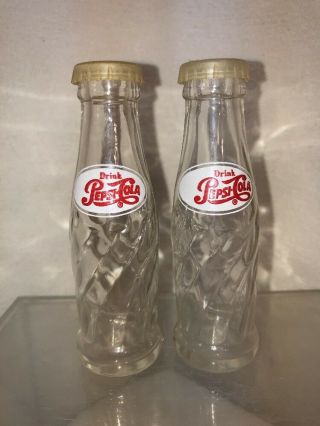 Vtg Pepsi - Cola Glass Mini Bottles Advertising Novelty Salt & Pepper Shakers Set