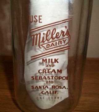 Vintage Glass Milk Bottle - Miller 