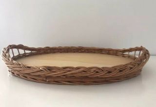 Vintage Rattan Plywood Serving Tray Breakfast Cane Oval