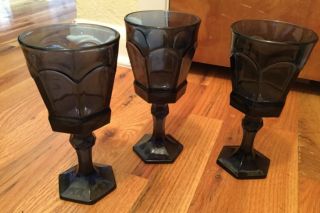 3 Vintage Fostoria Virginia Dark Blue Stemmed Water Goblets Glasses 7.  25 "