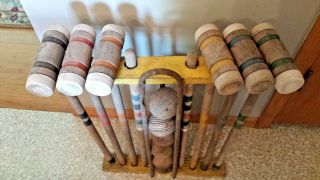 Vtg Old Game Croquet Set Wood Mallets Striped Balls Stakes Caddy South Bend