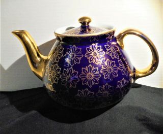 Vintage Hall 8 Cup Cobalt Blue Teapot With Gold Trim 023gl