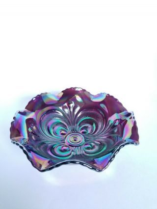Vintage Imperial Scroll Embossed Ruffle Carnival Glass Bowl Amethyst Purple