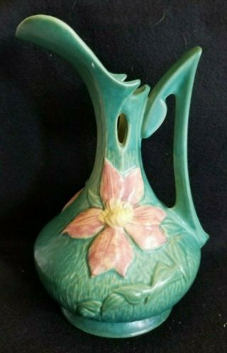 Vtg Roseville Ewer Vase Pitcher,  Floral Design Clematis,  17 - 10 "