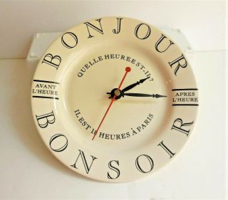 Vintage Style 7¼” Ceramic Plate Wall Clock French “bon Jour” & “bon Soir”