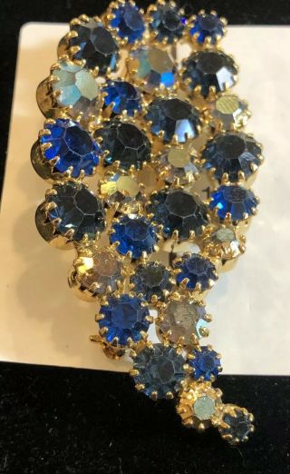 Unsigned Vintage Rhinestone 2” Brooch With Blue Foils And Ab