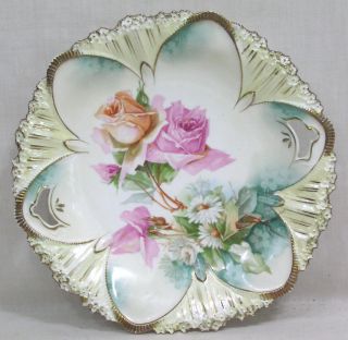 Vtg Rs Prussia Red Mark Plate Roses Daisies Gold Floral Edge Porcelain