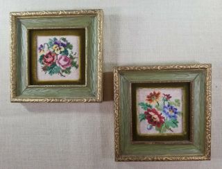 Vintage Finished Cross Stitch Miniature Framed Art Tiny Floral Hand Needlework
