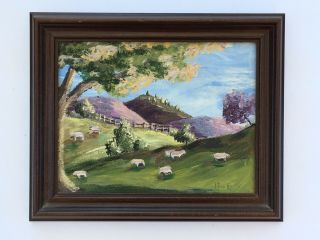 Vtg Landscape " Green Pastures " Acrylic Painting W/ Sheep Blues & Greens 9 X 11