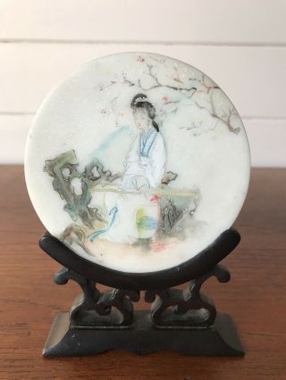 Vintage Hand Painted Japanese Lady On Marble Disc With Stand