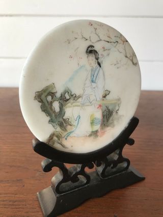 Vintage Hand Painted Japanese Lady On Marble Disc With Stand 2