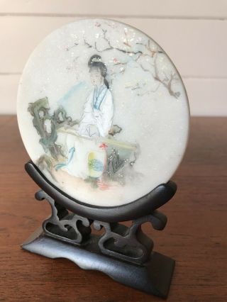 Vintage Hand Painted Japanese Lady On Marble Disc With Stand 5
