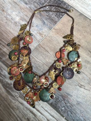 Vintage Brass Copper & Painted Brass Statement Necklace Bib With Dangle Charms