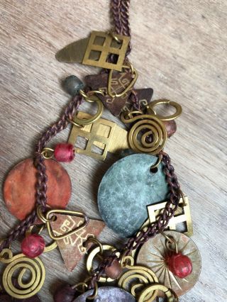 Vintage Brass Copper & Painted Brass Statement Necklace Bib With Dangle Charms 4