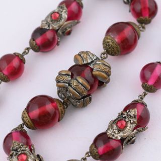 Vintage Art Deco Cranberry Red Glass Czech Bead Long Necklace