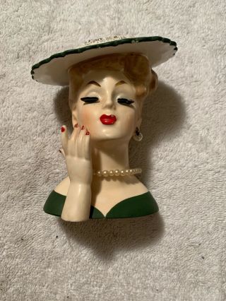 Vintage 1958 Napco Lady Head Vase C3343 Blonde Green Hat & Dress With Jewelry