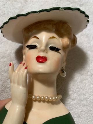 Vintage 1958 NAPCO Lady Head Vase C3343 Blonde Green Hat & Dress with Jewelry 2