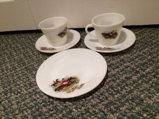 Vintage Pyrex Jaj England Tally Ho Tea Cups Saucers Plate
